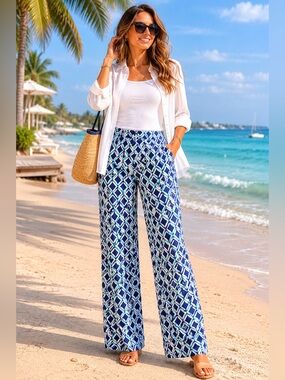 Barbara Erickson Coastal Diamond-Print Wide Leg Pants - Blue NWT